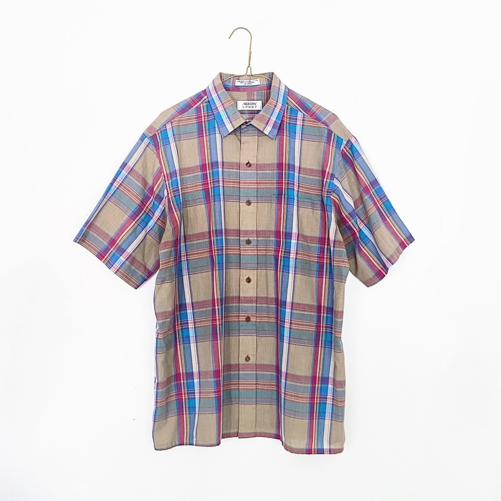 vtg 90s button down - gray pink blue plaid cotton shirt - large